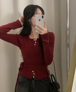 베로나 기모 리본 레이어드 여리핏 니트탑 버튼가디건 셋업 와인