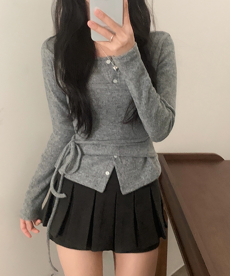 베로나 기모 리본 레이어드 여리핏 니트탑 버튼가디건 셋업 그레이