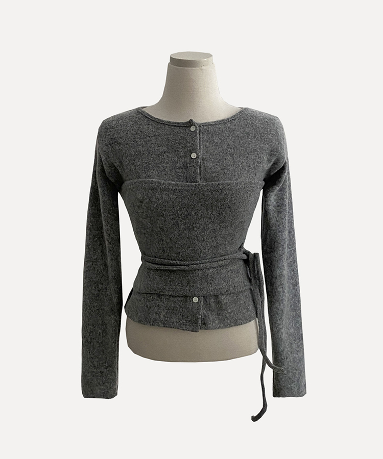 베로나 기모 리본 레이어드 여리핏 니트탑 버튼가디건 셋업