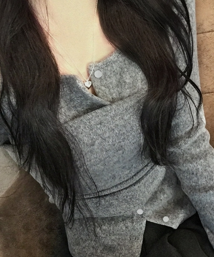 베로나 기모 리본 레이어드 여리핏 니트탑 버튼가디건 셋업 그레이