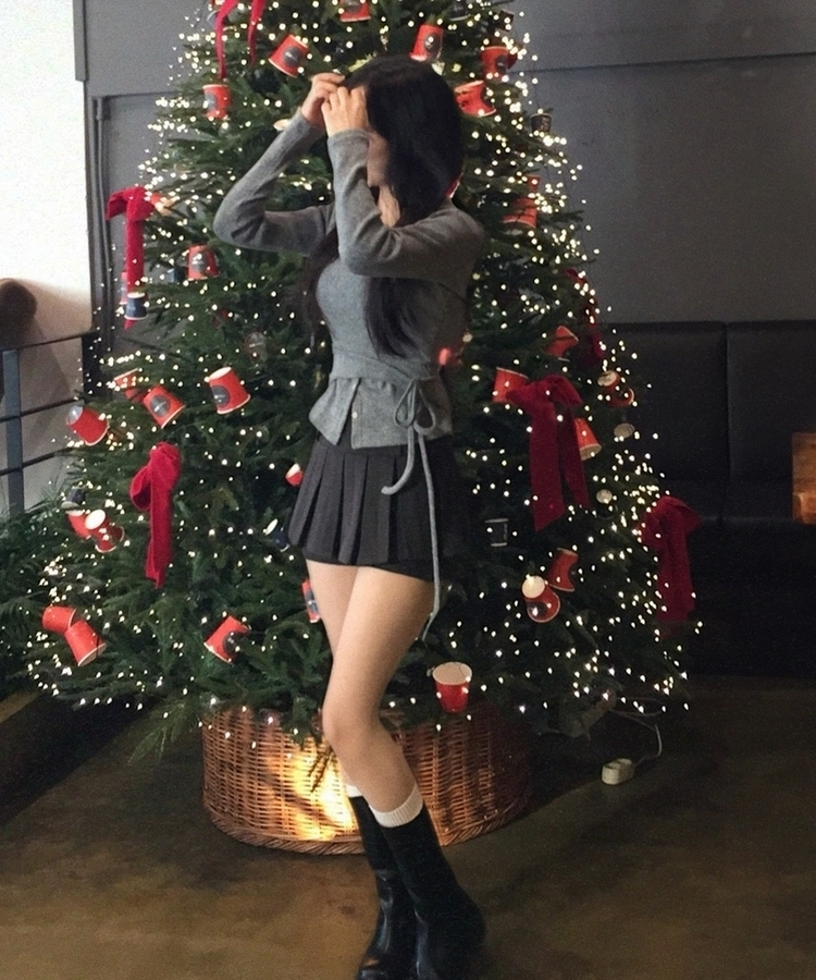 베로나 기모 리본 레이어드 여리핏 니트탑 버튼가디건 셋업 그레이