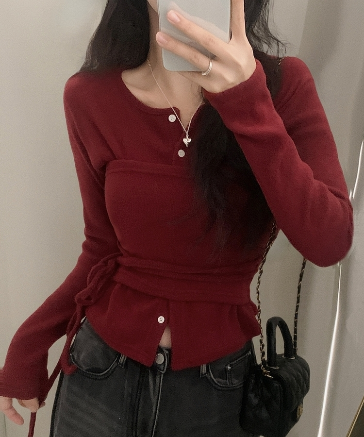 베로나 기모 리본 레이어드 여리핏 니트탑 버튼가디건 셋업 와인