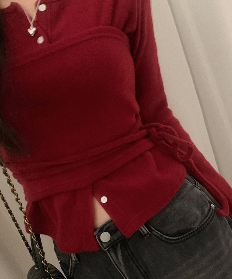 베로나 기모 리본 레이어드 여리핏 니트탑 버튼가디건 셋업 와인