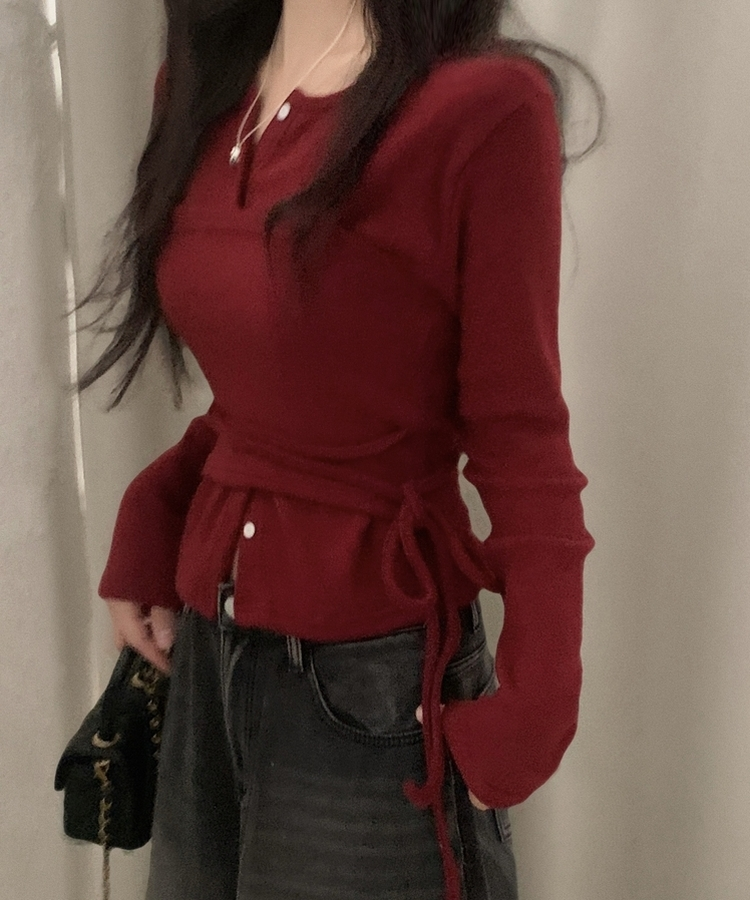 베로나 기모 리본 레이어드 여리핏 니트탑 버튼가디건 셋업 와인