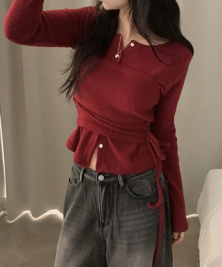 베로나 기모 리본 레이어드 여리핏 니트탑 버튼가디건 셋업 와인