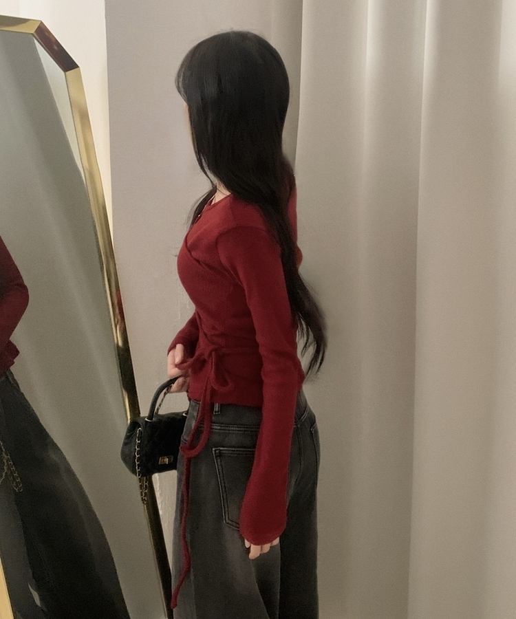 베로나 기모 리본 레이어드 여리핏 니트탑 버튼가디건 셋업 와인