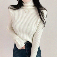 タートルネックボタンリブスリムニット(6color) IVORY