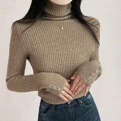 タートルネックボタンリブスリムニット(6color) BEIGE