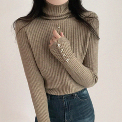 タートルネックボタンリブスリムニット(6color) BEIGE