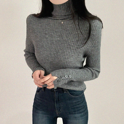 タートルネックボタンリブスリムニット(6color) GREY