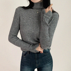 タートルネックボタンリブスリムニット(6color) GREY