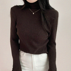 タートルネックボタンリブスリムニット(6color) BROWN