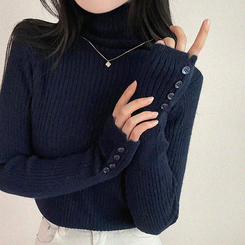 タートルネックボタンリブスリムニット(6color) NAVY