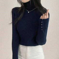 タートルネックボタンリブスリムニット(6color) NAVY
