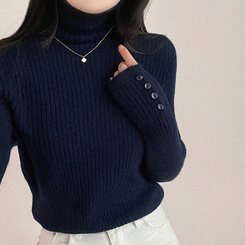タートルネックボタンリブスリムニット(6color) NAVY