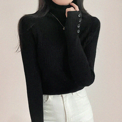 タートルネックボタンリブスリムニット(6color) BLACK