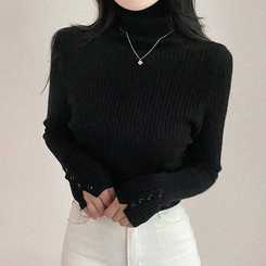 タートルネックボタンリブスリムニット(6color) BLACK