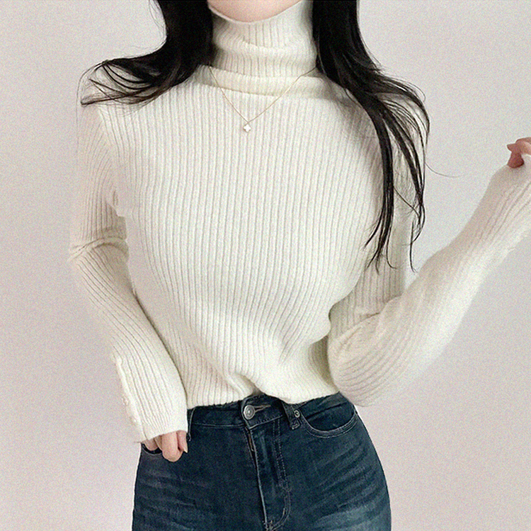 タートルネックボタンリブスリムニット(6color) IVORY