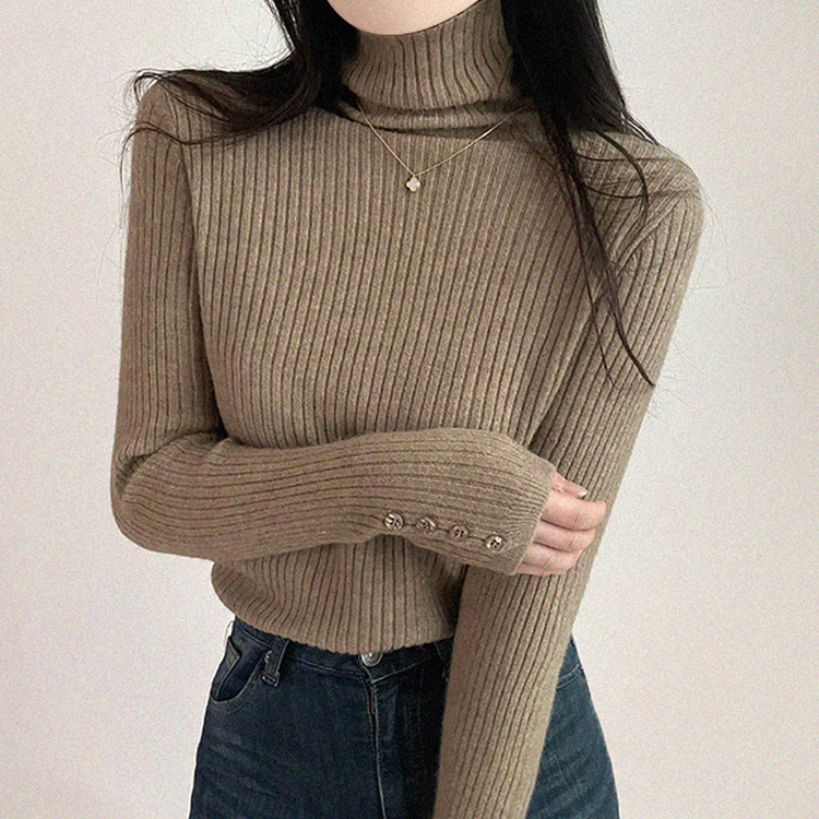 タートルネックボタンリブスリムニット(6color) BEIGE