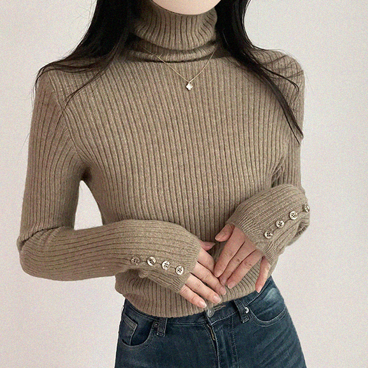 タートルネックボタンリブスリムニット(6color) BEIGE