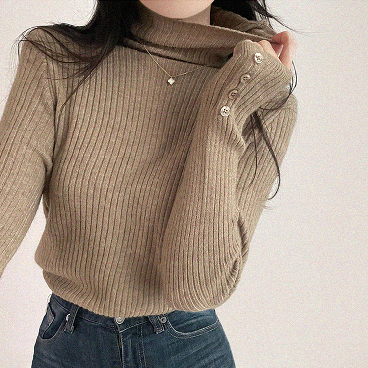 タートルネックボタンリブスリムニット(6color) BEIGE