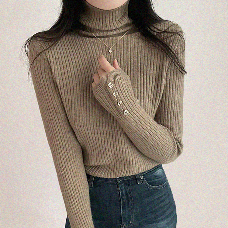タートルネックボタンリブスリムニット(6color) BEIGE