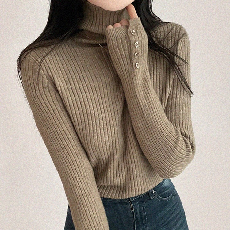 タートルネックボタンリブスリムニット(6color) BEIGE