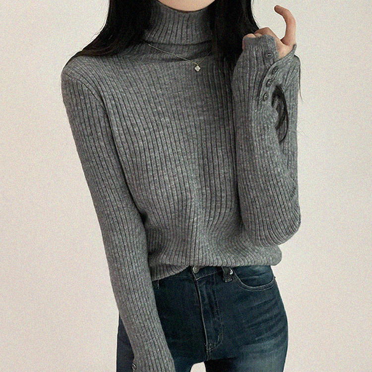 タートルネックボタンリブスリムニット(6color) GREY