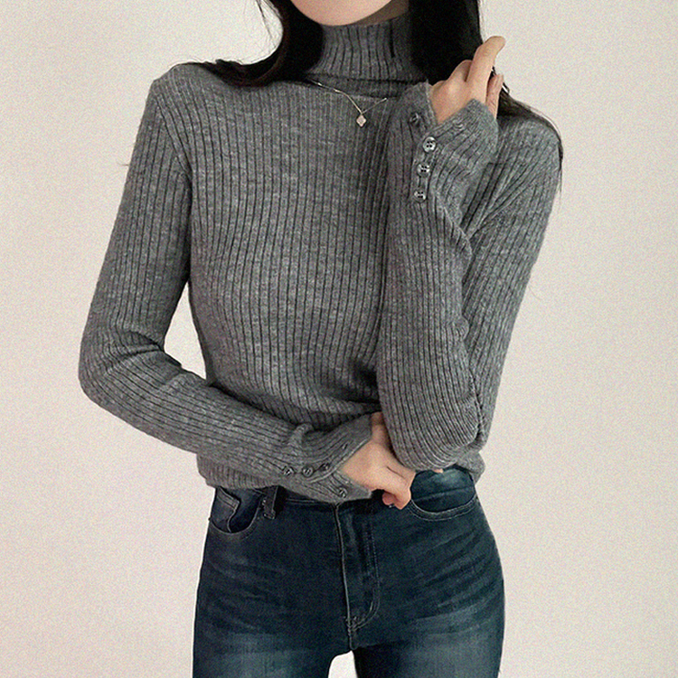 タートルネックボタンリブスリムニット(6color) GREY