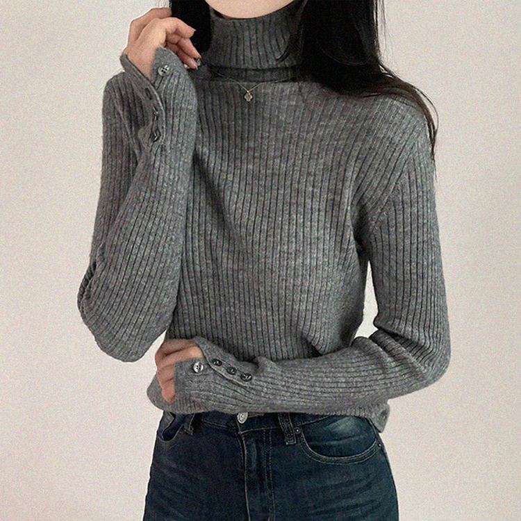 タートルネックボタンリブスリムニット(6color) GREY