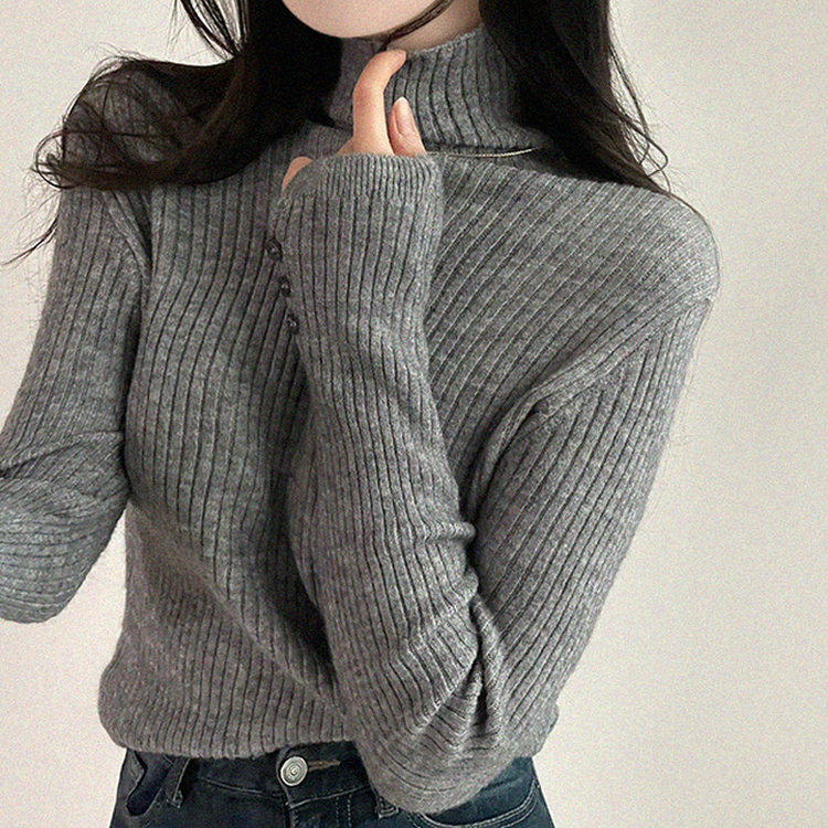 タートルネックボタンリブスリムニット(6color) GREY