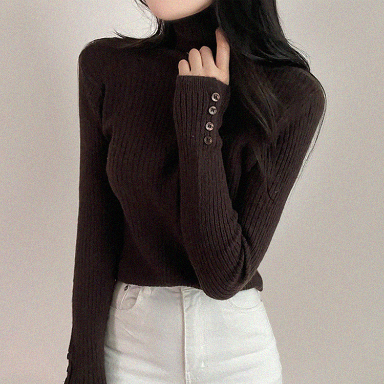 タートルネックボタンリブスリムニット(6color) BROWN