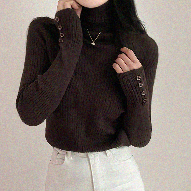 タートルネックボタンリブスリムニット(6color) BROWN