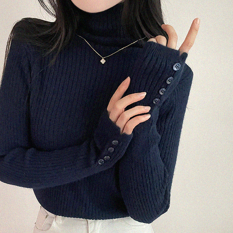 タートルネックボタンリブスリムニット(6color) NAVY