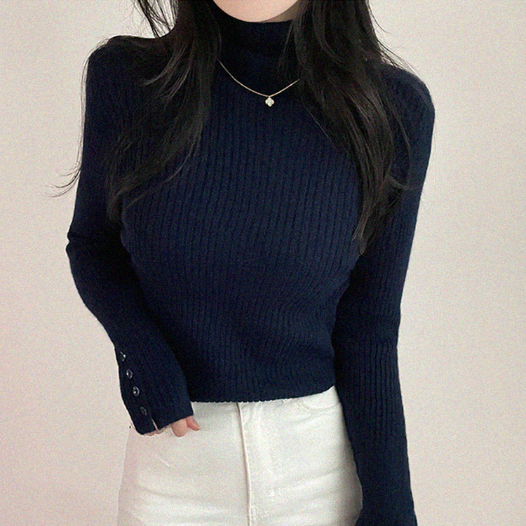 タートルネックボタンリブスリムニット(6color) NAVY