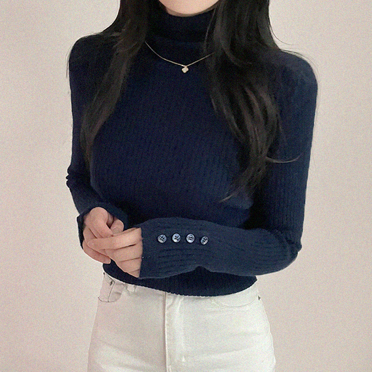 タートルネックボタンリブスリムニット(6color) NAVY