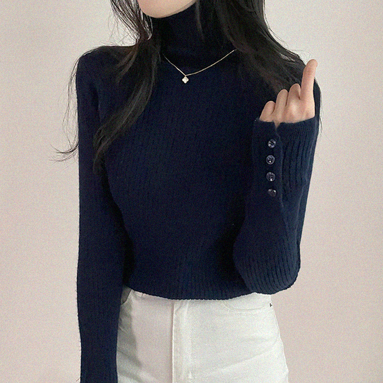 タートルネックボタンリブスリムニット(6color) NAVY