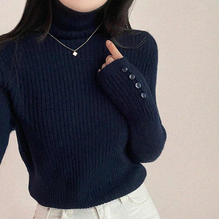 タートルネックボタンリブスリムニット(6color) NAVY