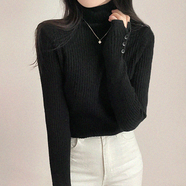 タートルネックボタンリブスリムニット(6color) BLACK