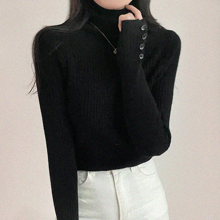 タートルネックボタンリブスリムニット(6color) BLACK