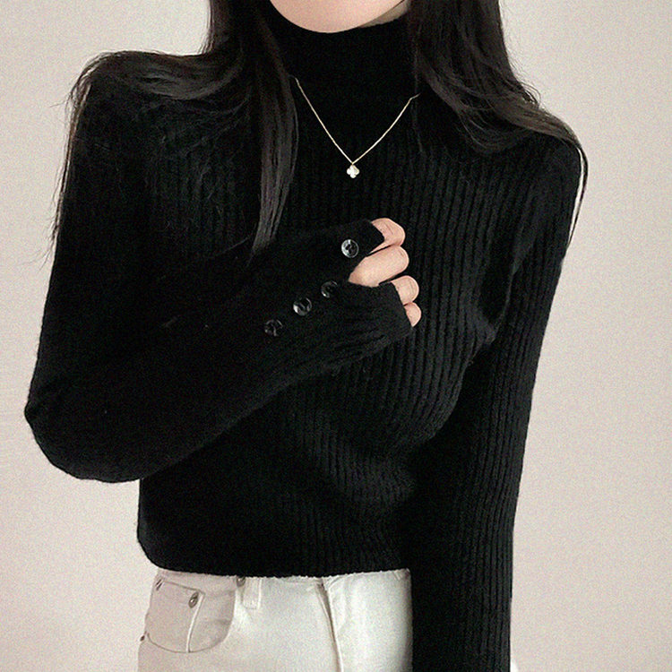 タートルネックボタンリブスリムニット(6color) BLACK