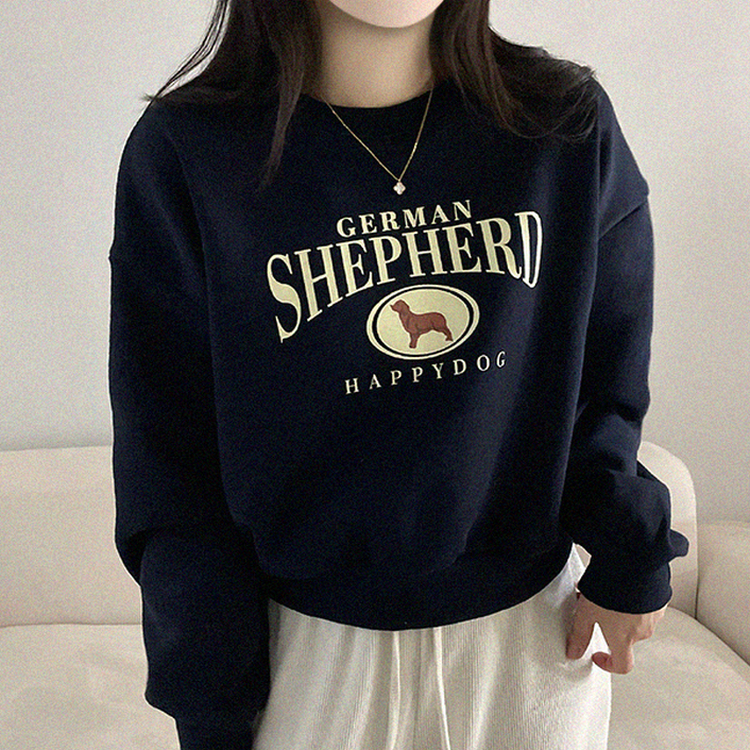 셰퍼드 프린팅 크롭 아방핏 기모 맨투맨