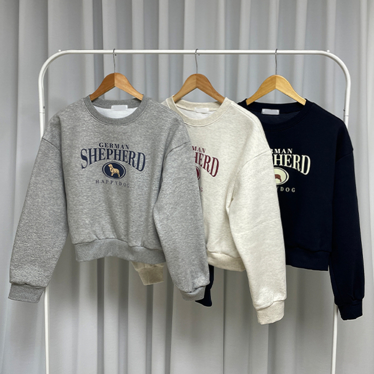 셰퍼드 프린팅 크롭 아방핏 기모 맨투맨