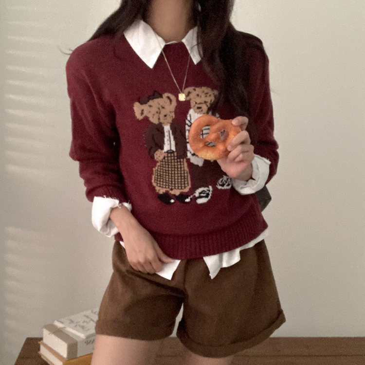 カップルクマラウンドネックニット WINE