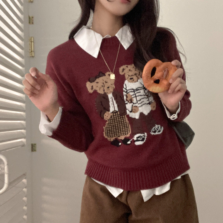 カップルクマラウンドネックニット WINE