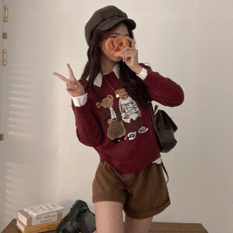 カップルクマラウンドネックニット WINE