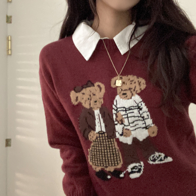 カップルクマラウンドネックニット WINE