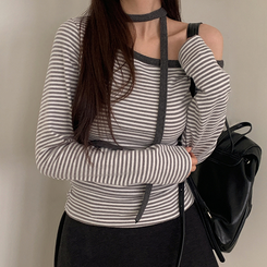 【タイ付き】ワンショルダー長袖Tシャツ IVORY