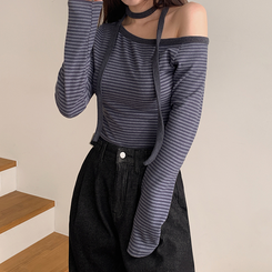 【タイ付き】ワンショルダー長袖Tシャツ CHARCOAL