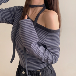 【タイ付き】ワンショルダー長袖Tシャツ CHARCOAL